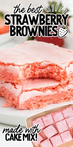 Chewy strawberry brownies with pink glaze cut into squares and arranged on a plate.