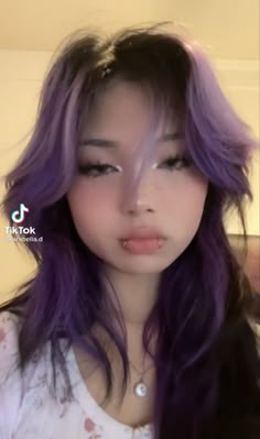 Lavender Streaks In Hair, Wolf Cut Purple Tips, Hair Color Bangs Only, Black And Purple Wolf Cut, Purple Hair Dyed, Simple Hair Dye Ideas Brunettes, Light Purple Hair Streaks, Purple Hair With Curtain Bangs, Brunette Hair With Purple Highlights