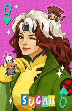 a woman with long white hair holding a small animal in her right hand and the words sugah o on it