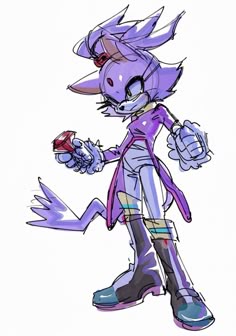 a drawing of an animal with purple hair and blue eyes, holding a piece of food