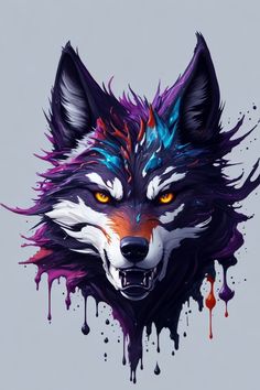 a wolf's head with paint splatters on it and blood dripping down the side