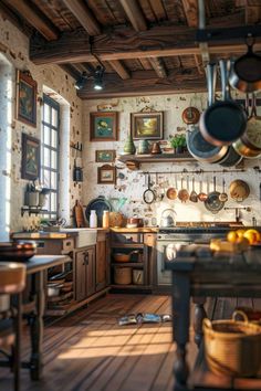 an old fashioned kitchen with pots and pans hanging from the ceiling