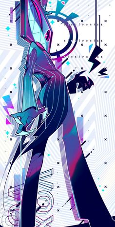 an abstract drawing of a woman in blue and purple colors with geometric shapes on the background