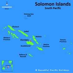 solomon islands map with the capital and major cities in green, surrounded by blue water