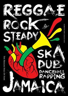 the reggae rock steady poster for ska pub jamaica, featuring a red heart and yellow horn
