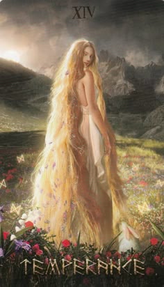 a painting of a woman with long blonde hair and flowers in the foreground, surrounded by mountains
