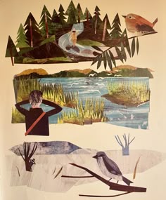 a collage of birds, water and trees with a man standing in the background