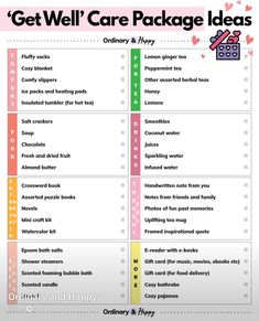 a printable care package for children with the text get well care package ideas on it