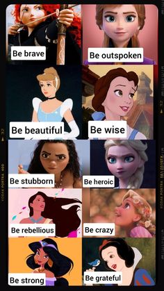 disney princesses with different expressions and their names in english, spanish, and french