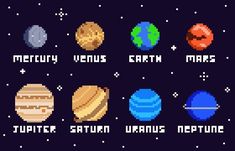 an old school pixel art space game with eight planets and the names of each planet