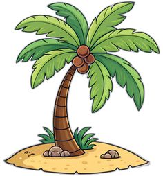 a cartoon palm tree on an island with rocks and sand under it, ready to be cut out