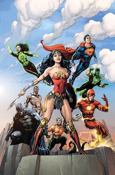 the cover to dc's new 52, featuring wonder woman and other superheros