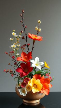 a vase filled with lots of different colored flowers
