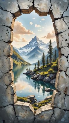 a painting of a mountain lake seen through a hole in a cracked wall with trees and mountains