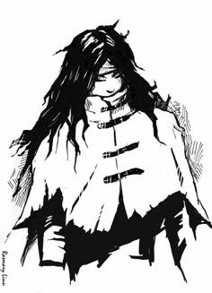 a black and white drawing of a man with long hair