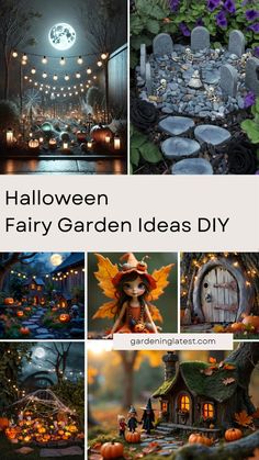 halloween fairy garden ideas diy with pumpkins, witches and other things in the background