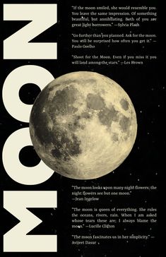 the moon is shown in this black and white poster with an image of it's face