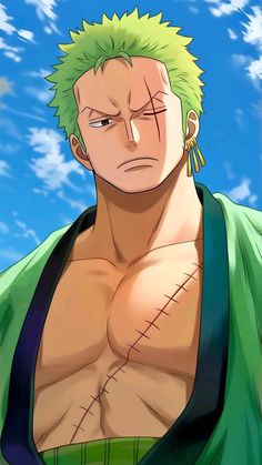 an anime character with green hair and no shirt
