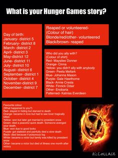 a poster with the words what is your hunger games story? on red and black background