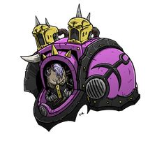 a purple and black robot with spikes on it's head sitting in front of a white background