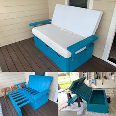 the bed frame is painted blue and white