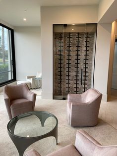 a living room filled with furniture and a wine rack in the wall behind it's glass door