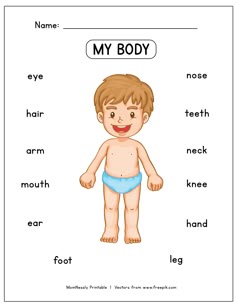 a worksheet with the words'my body'and an image of a boy in