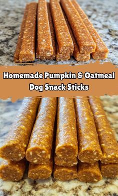 homemade pumpkin and oatmeal dog snack sticks are stacked on top of each other