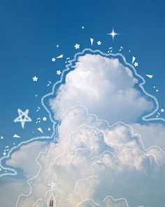 an image of a cloud in the sky with airplanes flying around it and stars above