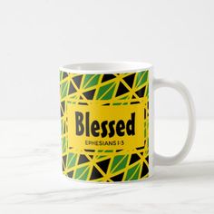 a coffee mug with the words, blessed on it