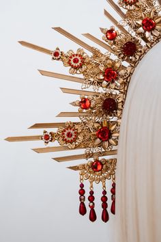 Cosplay Red And Gold Accessories, Dark Red Halo Crown, Red Ceremonial Headpiece For Festivals, Red And Gold Headpiece, Adjustable Red Ceremonial Headpiece, Red Halo Crown, Red And Gold Crown Style, Red And Gold Halo Crown, Dark Red Metal Halo Crown