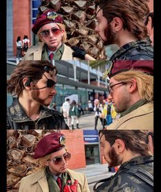 some people are dressed up and talking to each other while wearing hats, sunglasses and jackets