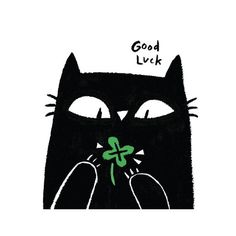 a drawing of a black cat with a shamrock on it's nose that says good luck