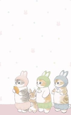 three little rabbits standing next to each other in front of a white background with pink and blue