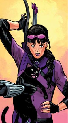 a woman holding a black cat in her right hand and an arrow above her head