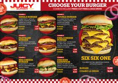 the menu for juicy burgers is shown in red and white checkered paper