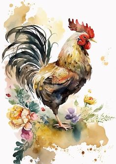 a watercolor painting of a rooster with flowers on it's head and tail