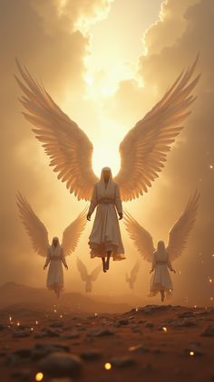 an angel with four children in front of the sun and clouds above them, all flying through the air