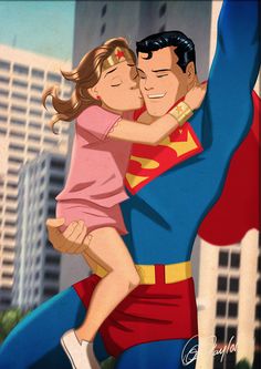 superman and girl hugging each other in the city