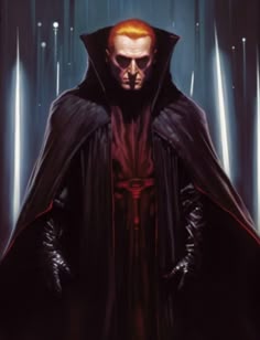 a painting of a man with red hair wearing a black cloak and holding his hands on his hips