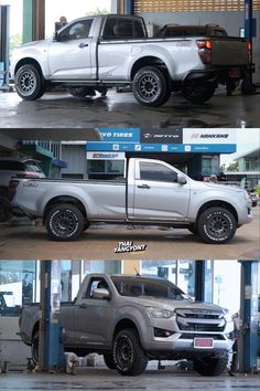 two pictures of the same truck in different stages