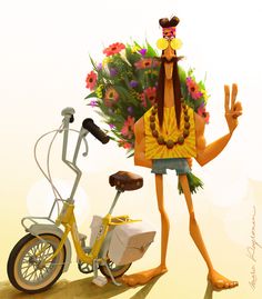a cartoon character is standing next to a bicycle and holding a flower bouquet in one hand