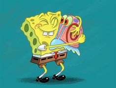 a spongebob character carrying a large piece of luggage on it's back