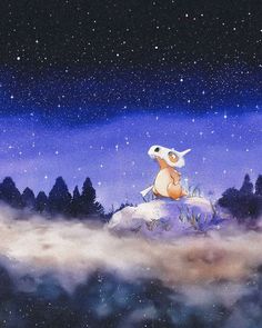 an animal sitting on top of a rock under a night sky with stars and clouds