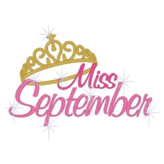 the word miss september with a gold crown on top and pink lettering in front of it