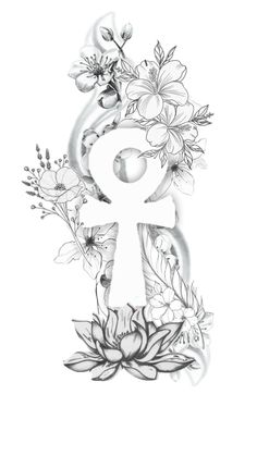 the letter r with flowers and leaves on it is drawn in black and white ink