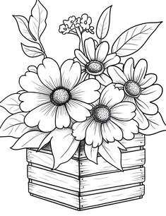 a bouquet of flowers in a wooden box with leaves and flowers on the inside coloring page