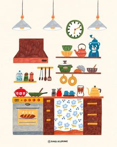 a kitchen scene with an oven, stove and clock