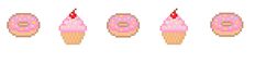 six donuts with pink frosting and sprinkles are arranged in a row