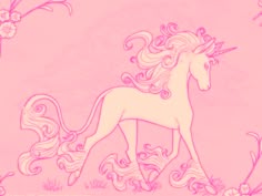 a drawing of a unicorn with long manes and flowers on it's back